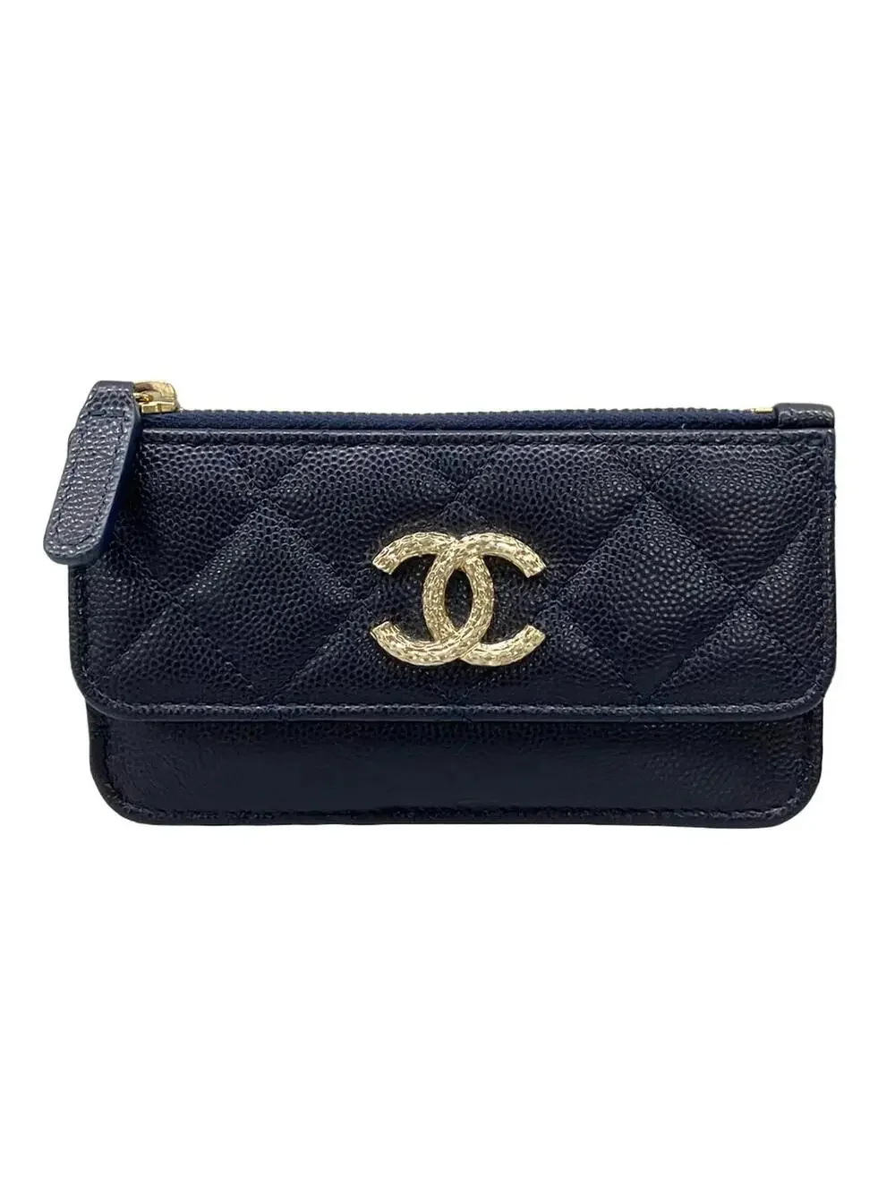 Chanel Navy Calfskin Card Case Gold #300004C13B